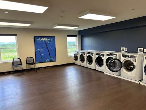 A room with a row of washing machines and a painting on the wall.