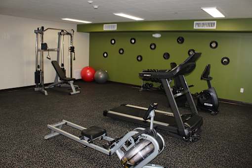 A gym with a green wall and a variety of exercise equipment.