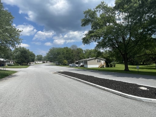 a street in a neighborhood with houses and trees on both sides of the street