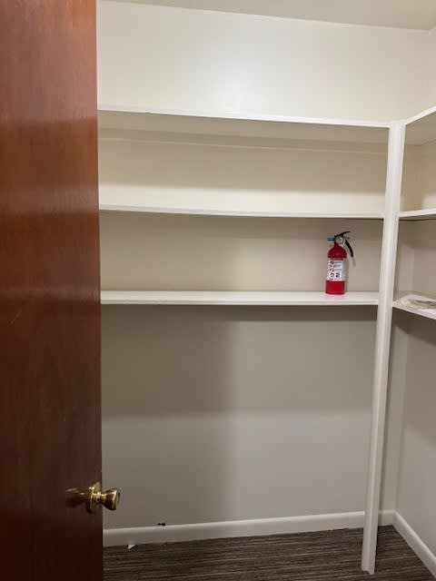 A white shelf with a red fire extinguisher on it.