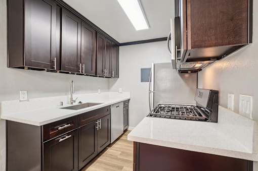 A modern kitchen with dark brown cabinets and a white countertop.