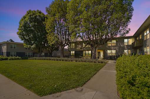 A tree-lined walkway leads to a building.