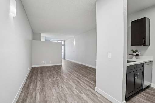 A kitchen area with a counter and cabinets.