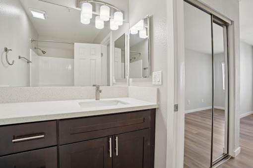 A bathroom with a sink, mirror, and wooden floor.