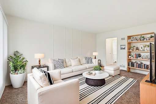 A living room with a white couch, a coffee table, and a potted plant.