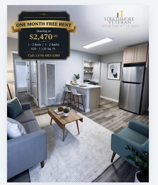 A Strathmore Veteran Apartment Homes advertisement offering a one month free rent deal.