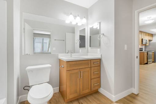 A white toilet is in a bathroom with a wooden cabinet and a mirror above the sink.