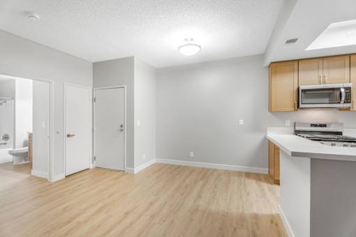 A kitchen with a microwave above the counter.
