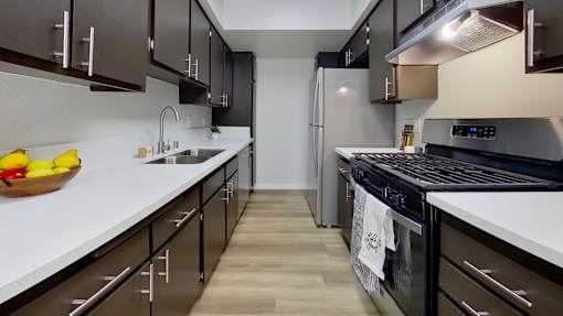 A renovated kitchen with new cabinets and stainless steel appliances