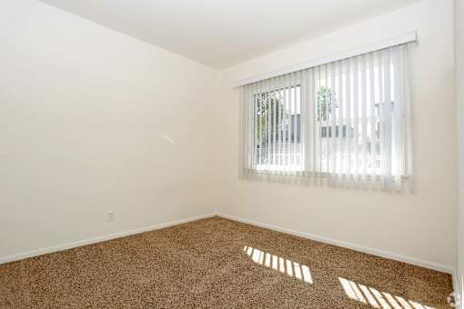 A room with a carpeted floor and a window with blinds.