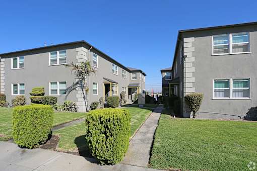 A row of houses with green bushes in front.