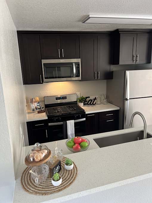 a kitchen with black cabinets and stainless steel appliances