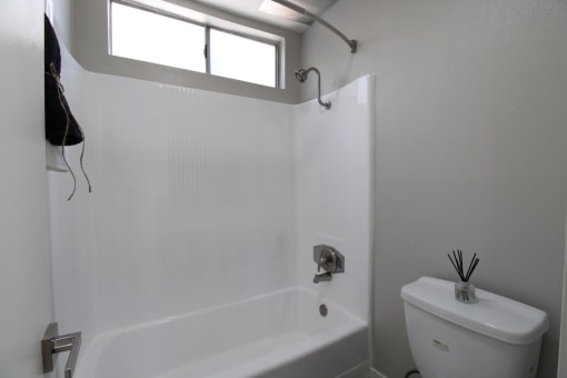 a bathroom with a toilet and a tub and a window