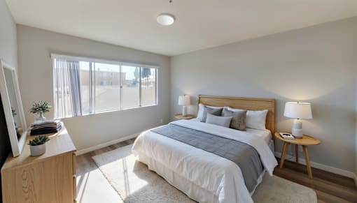A bedroom with a large bed, a nightstand, and a window with blinds.