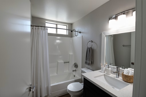 A bathroom with a toilet, sink, and mirror.