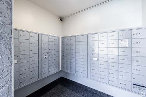 A wall of mailboxes numbered from 107 to 250.