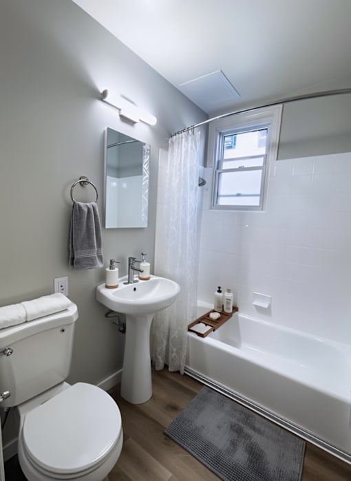 A white toilet sits next to a white sink in a bathroom.