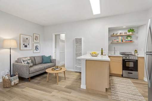 A modern kitchen and living room with a grey couch and wooden coffee table.