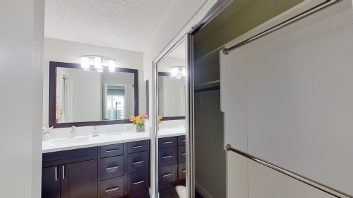 a bathroom with a shower and a sink and a mirror