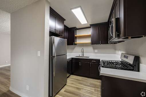 A kitchen with a black fridge and black cabinets.