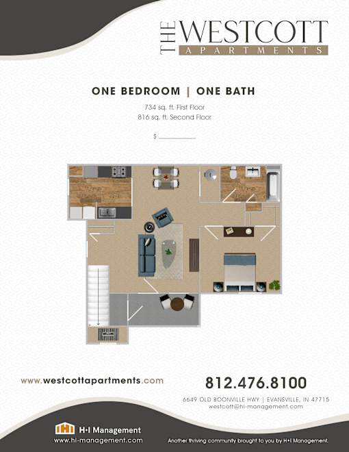 1 Bed 1 bath Floorplan at The Westcott, Indiana