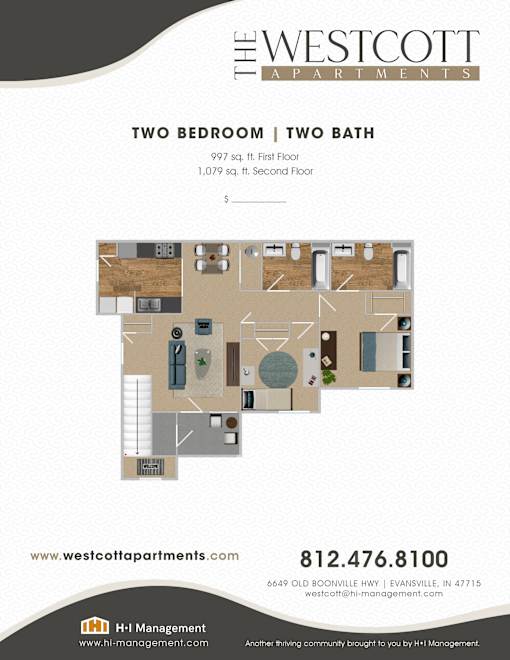 2 Bed 2 bath Floorplan at The Westcott, Indiana, 47715