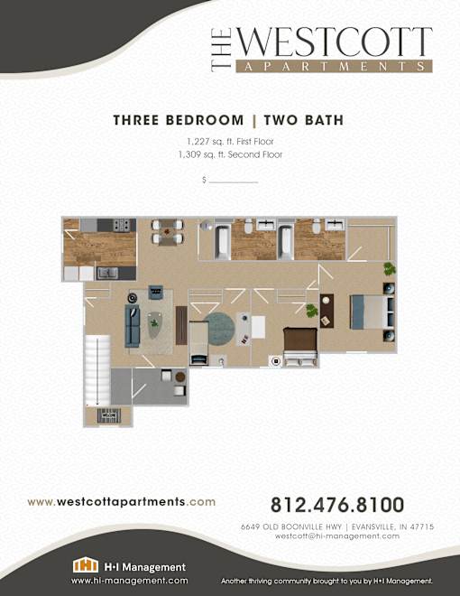 3 Bed 2 bath Floorplan at The Westcott, Evansville, Indiana