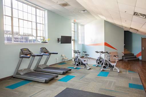 A gym with treadmills and exercise bikes.