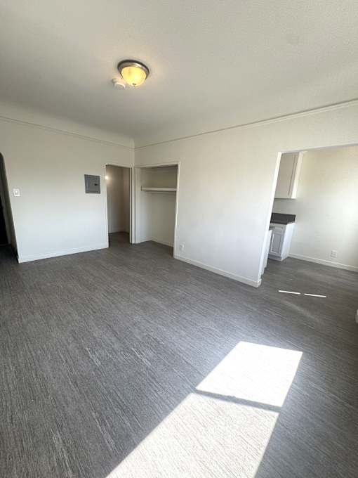 A room with a grey carpet and a white wall with a light switch.
