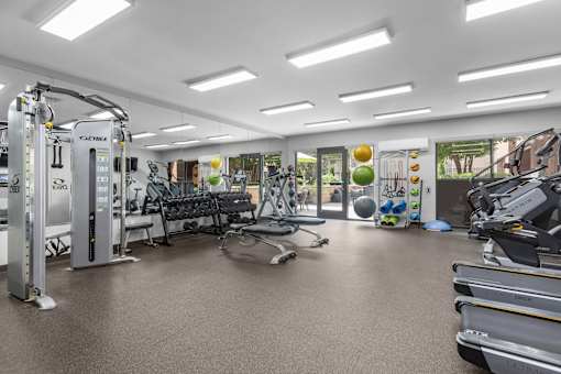 A gym with a variety of equipment including treadmills, weights, and exercise balls.