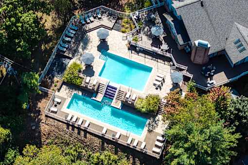 An aerial view of a pool surrounded by trees and a house.
