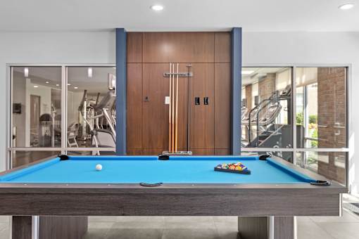 A pool table in a room with a wooden door.
