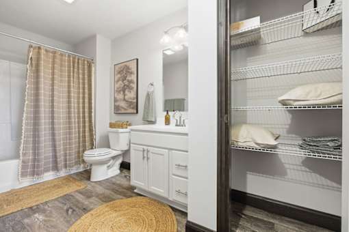 A bathroom with a toilet, sink, and a large open closet.