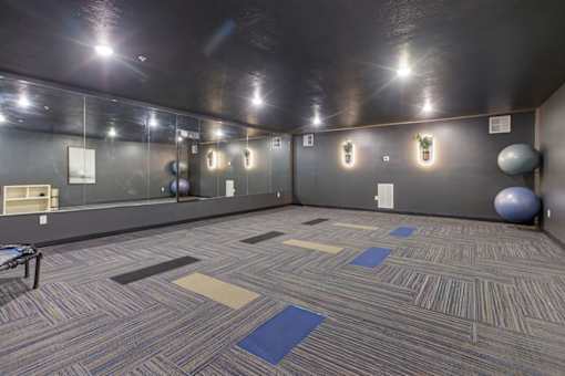 A yoga with a grey carpet and a blue exercise ball.