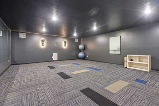 A room with a carpeted floor and a wooden shelf.