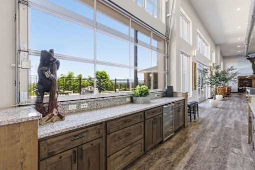 A bear statue is on a counter in a modern kitchen.
