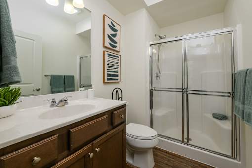 A bathroom with a white sink, toilet, and a glass shower stall.