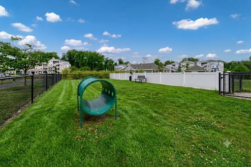 A green playground slide in a grassy area with a white fence in the background.