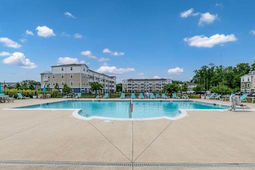 A large swimming pool in the middle of a sunny day with people around it.