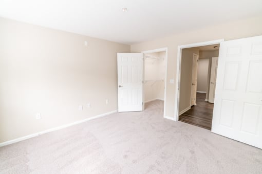 a bedroom with two closets and a door to a closet