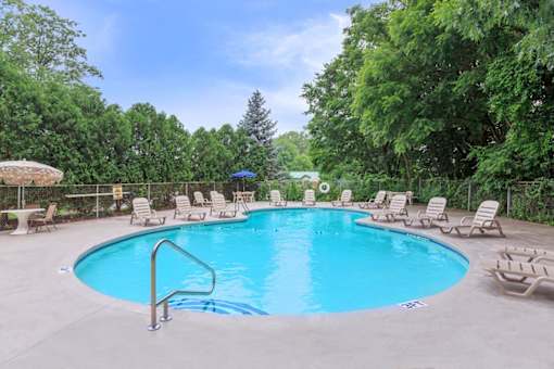 A large outdoor swimming pool surrounded by lounge chairs and trees. at North Pointe Apartments, Clifton Park