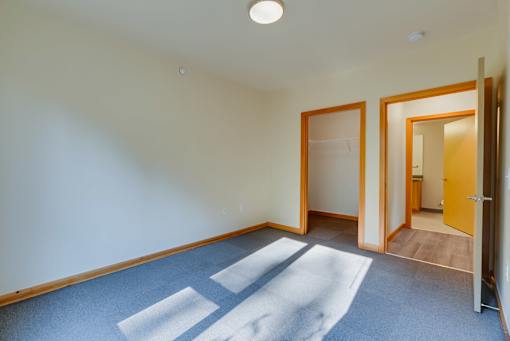 A room with a blue carpet and white walls.