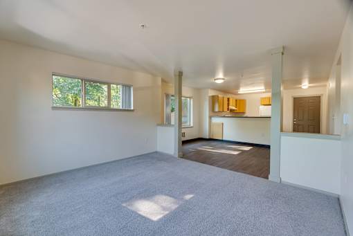 A large empty room with a carpeted floor and a window.