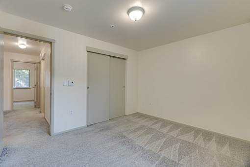 A room with a carpeted floor and a ceiling light.