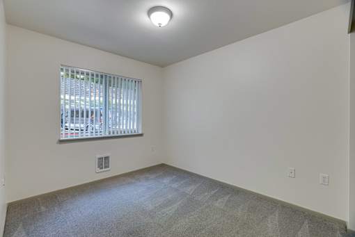 A room with a window and a carpeted floor.