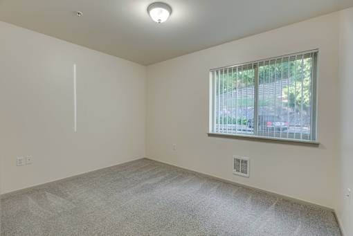 A room with a window and a carpeted floor.