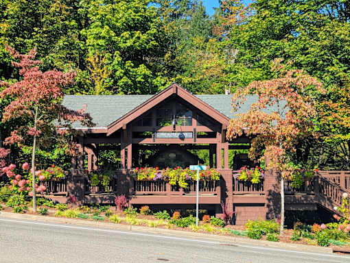 A gazebo with a green roof is surrounded by trees and plants.