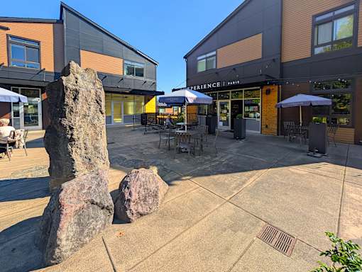 A large rock sits in the middle of a plaza in front of a building with a sign that reads "Experience".