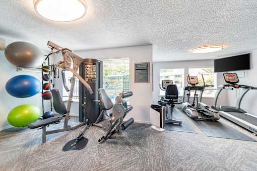 A well equipped gym with a variety of exercise equipment.