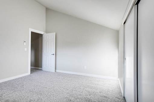 A room with a carpeted floor and a white door.
